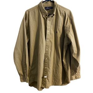 Ralph Lauren Mens Button dress Shirt XL Beige Tan Heavy Cotton Blue Pony